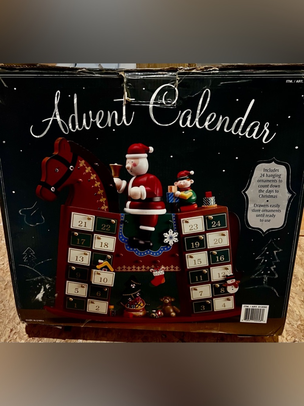 New Wooden Rocking Horse Advent Calendar w/ Santa. Includes 25 wooden ornaments